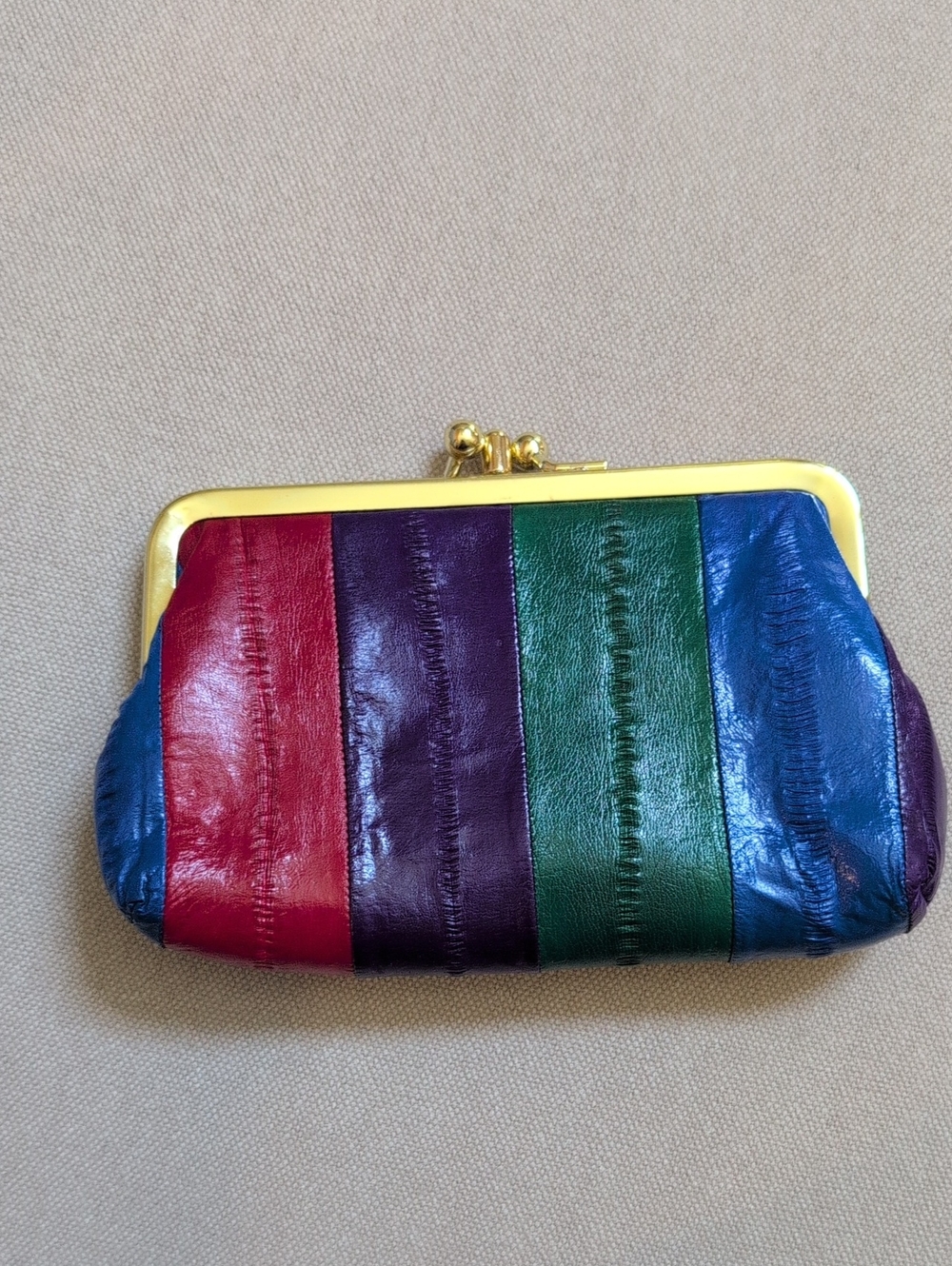 Striped Multi-Color Genuine Eel Skin Kiss Lock Clasp Wallet Clutch